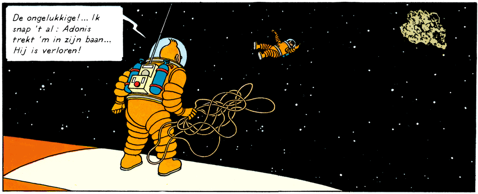 Tintin et Haddock dans l'espace dans On a marché sur la Lune